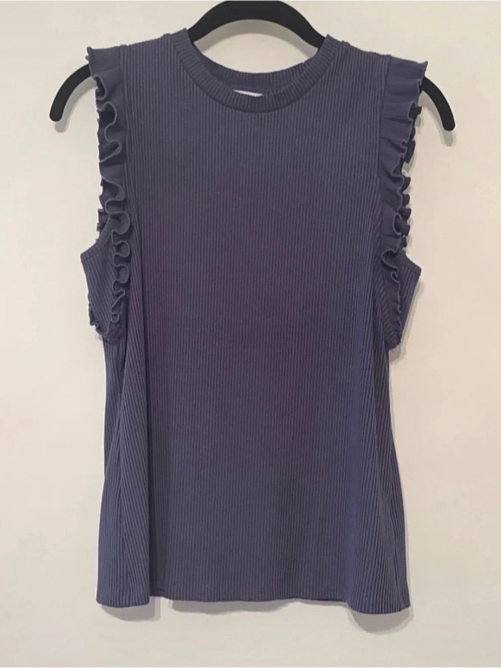 Nine West Ribbed Sleeveless Top with Ruffle Trim - Blue Gray